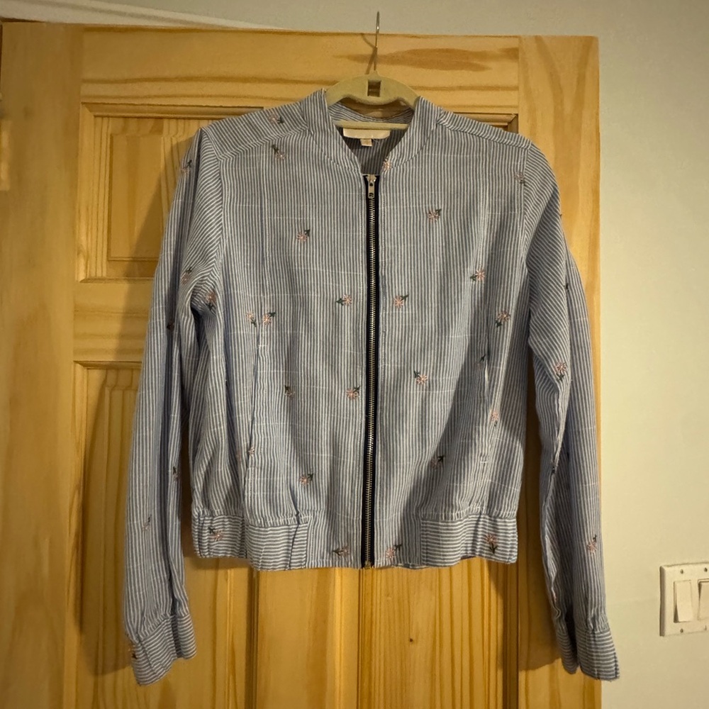 Skies Are Blue Striped Light Blue Embroidered Bomber Jacket